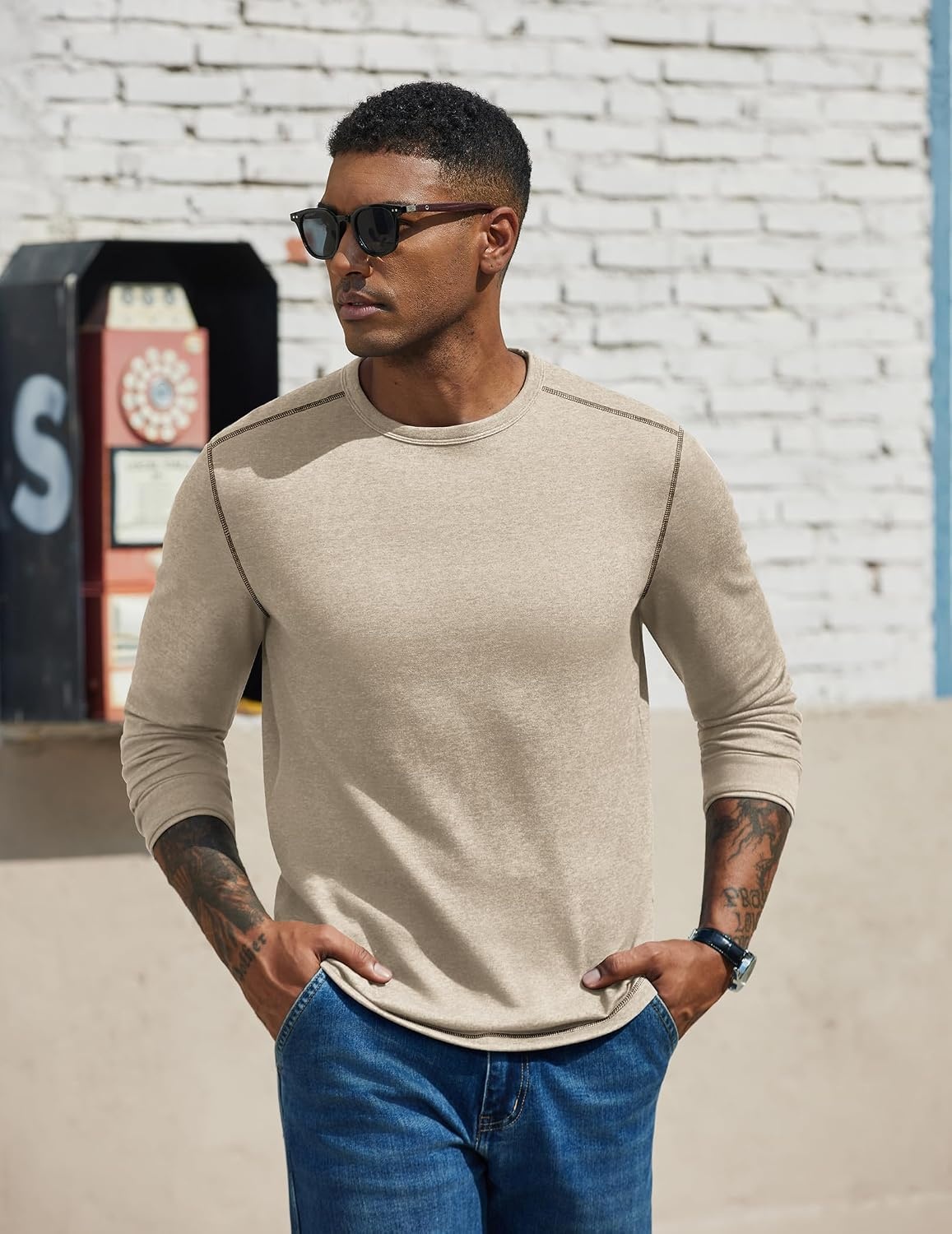 image:imageCOOFANDY Mens Long Sleeve T Shirts Cotton Crew Neck Heavyweight Tee Shirts Color Block Casual Pullover ShirtMoon Grey