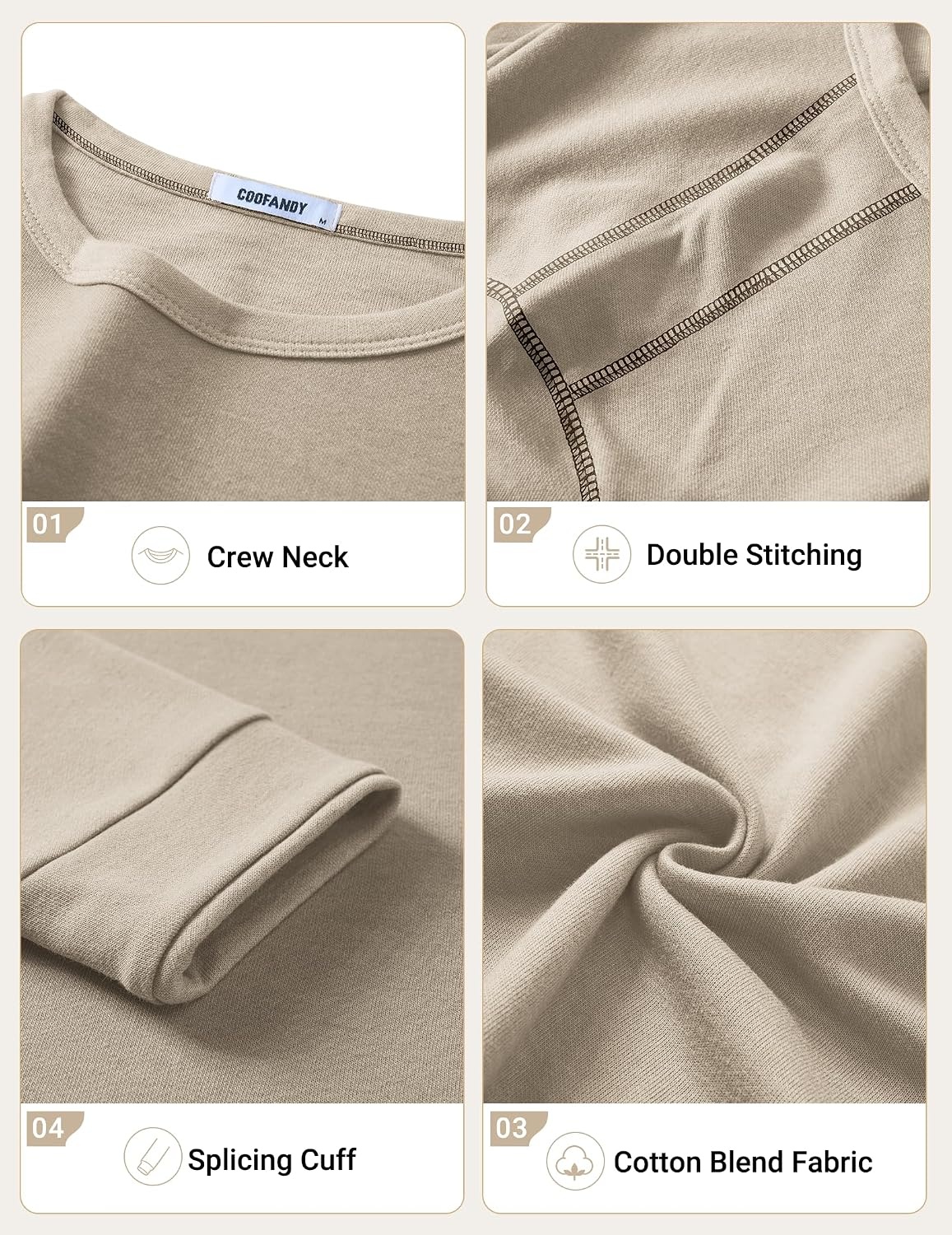 image:imageCOOFANDY Mens Long Sleeve T Shirts Cotton Crew Neck Heavyweight Tee Shirts Color Block Casual Pullover ShirtMoon Grey