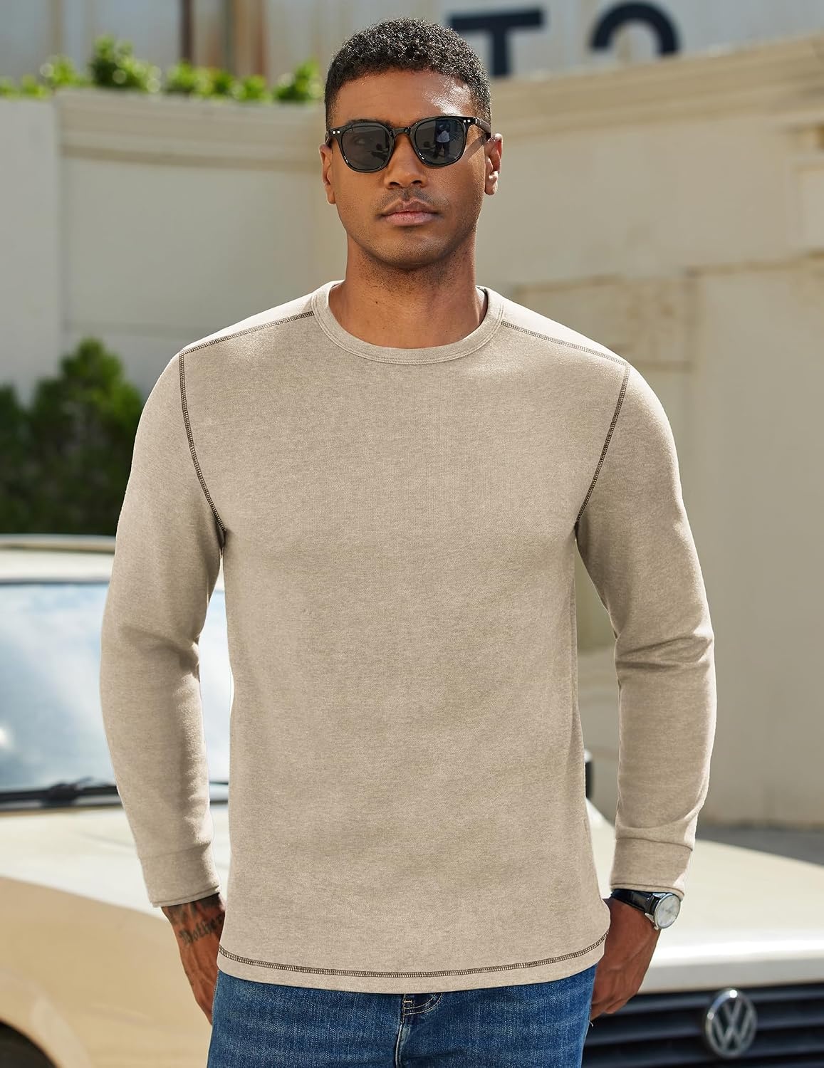 image:imageCOOFANDY Mens Long Sleeve T Shirts Cotton Crew Neck Heavyweight Tee Shirts Color Block Casual Pullover ShirtMoon Grey