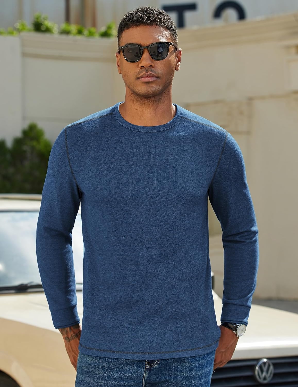 image:imageCOOFANDY Mens Long Sleeve T Shirts Cotton Crew Neck Heavyweight Tee Shirts Color Block Casual Pullover ShirtNavy Blue