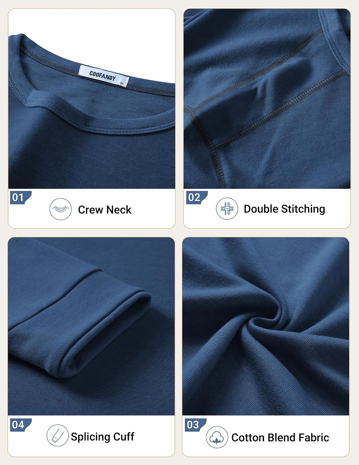 image:imageCOOFANDY Mens Long Sleeve T Shirts Cotton Crew Neck Heavyweight Tee Shirts Color Block Casual Pullover ShirtNavy Blue