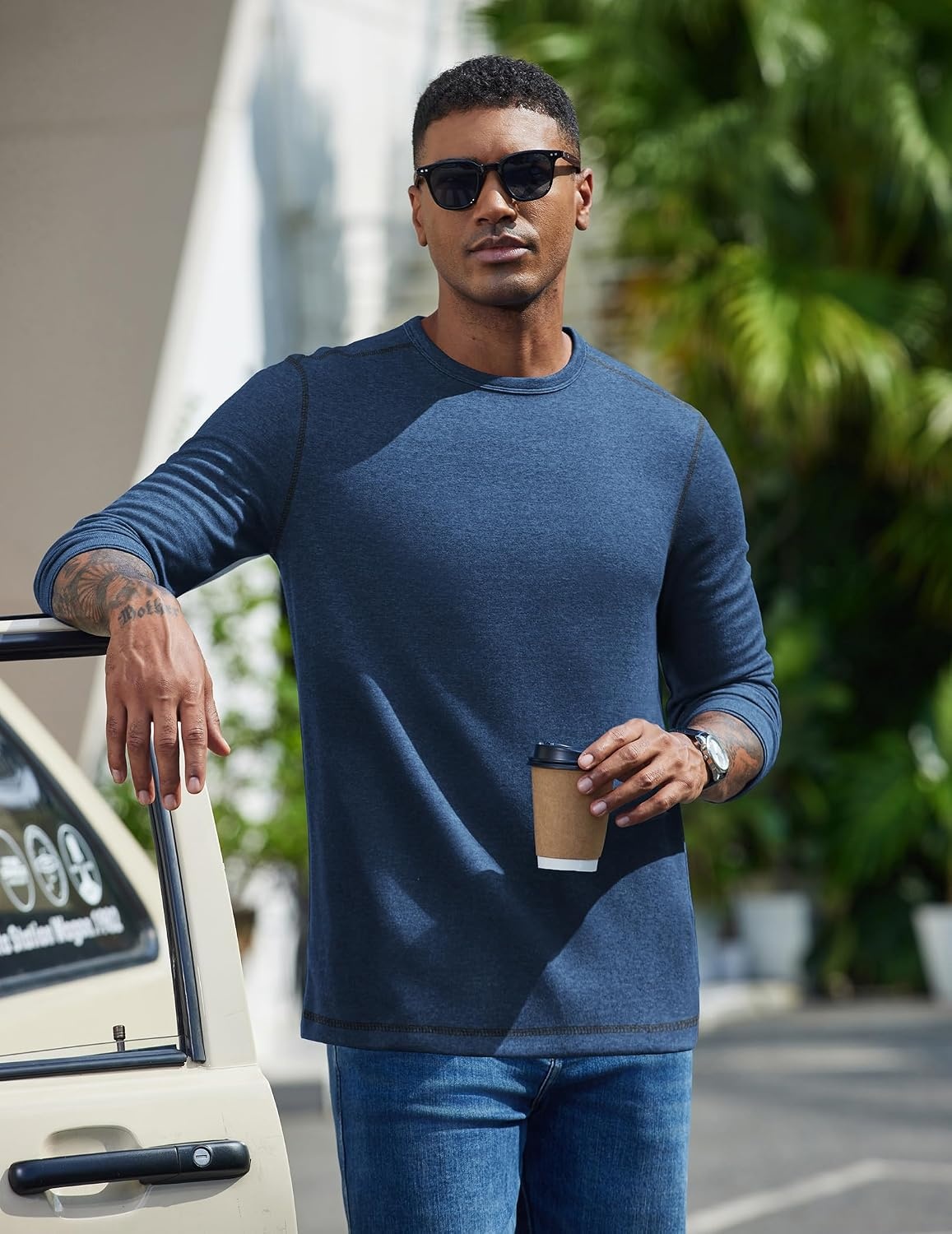 image:imageCOOFANDY Mens Long Sleeve T Shirts Cotton Crew Neck Heavyweight Tee Shirts Color Block Casual Pullover ShirtNavy Blue