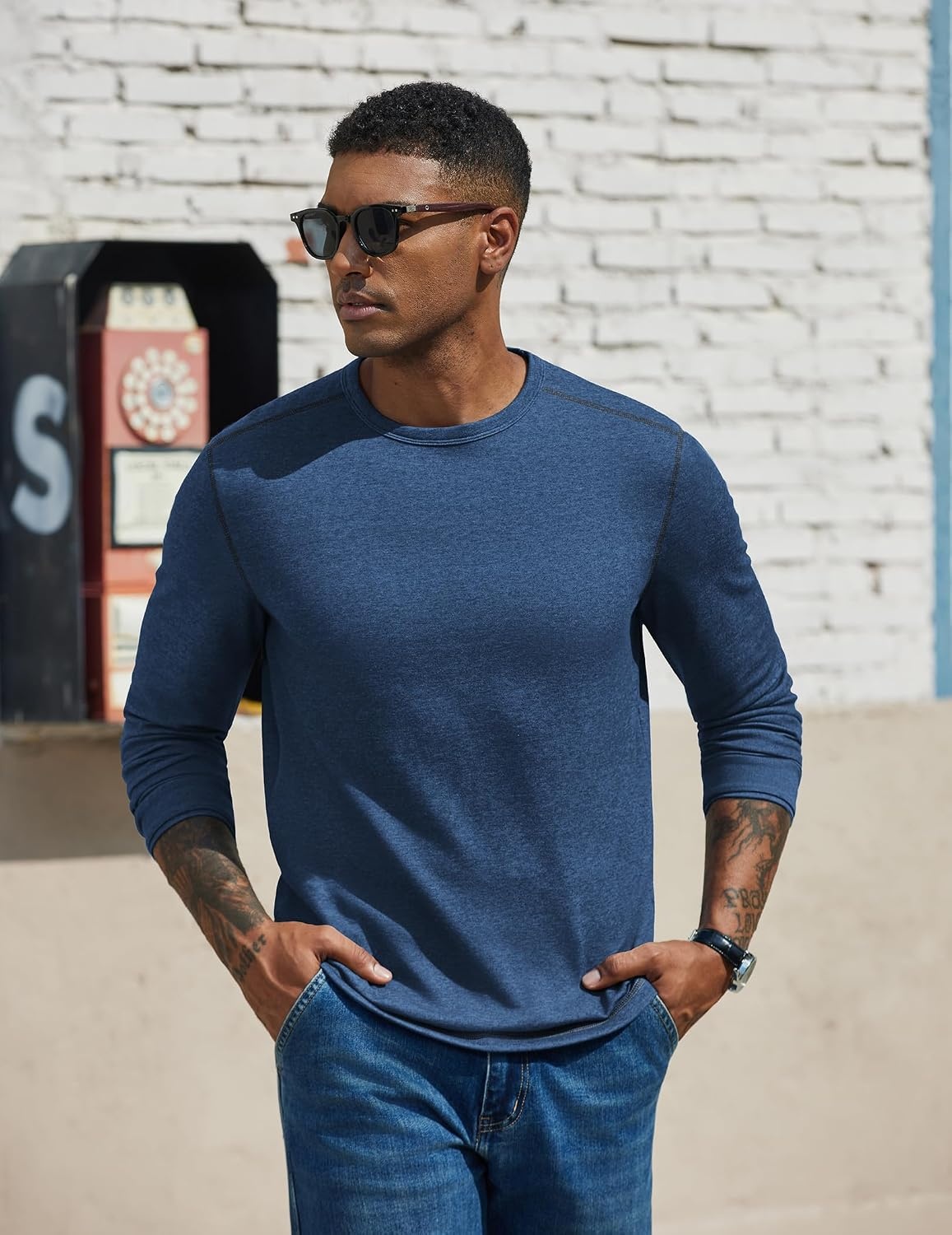 image:imageCOOFANDY Mens Long Sleeve T Shirts Cotton Crew Neck Heavyweight Tee Shirts Color Block Casual Pullover ShirtNavy Blue