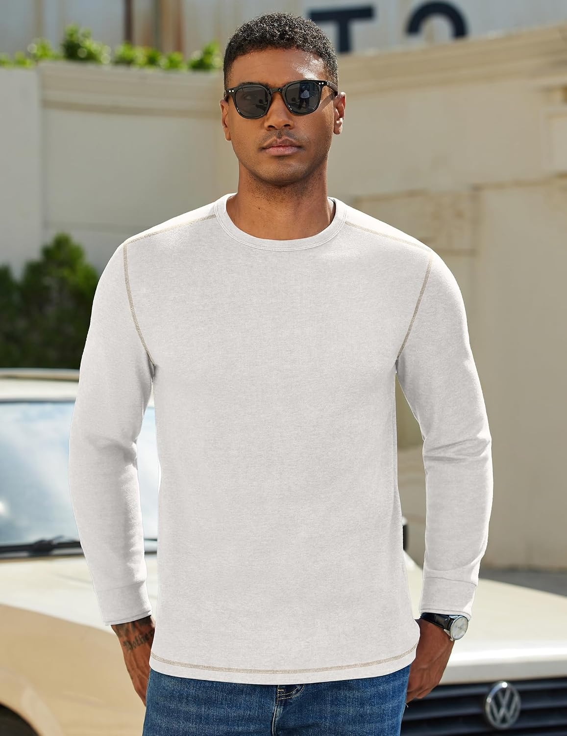 image:imageCOOFANDY Mens Long Sleeve T Shirts Cotton Crew Neck Heavyweight Tee Shirts Color Block Casual Pullover ShirtWhite