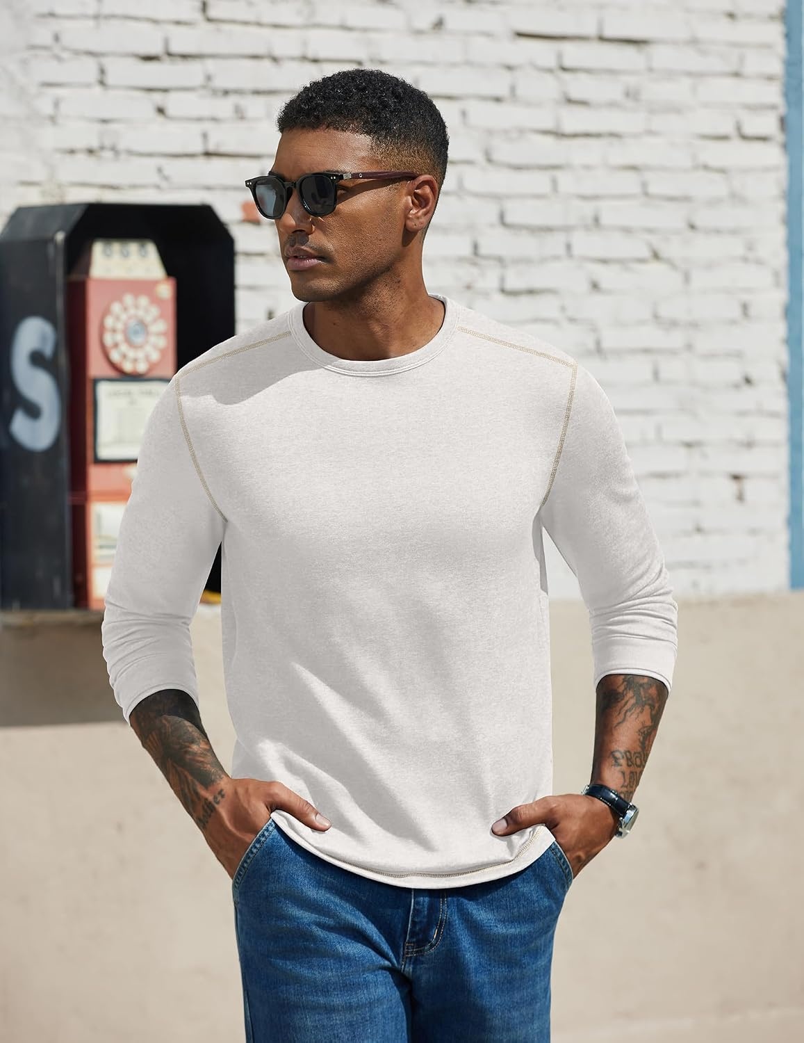 image:imageCOOFANDY Mens Long Sleeve T Shirts Cotton Crew Neck Heavyweight Tee Shirts Color Block Casual Pullover ShirtWhite