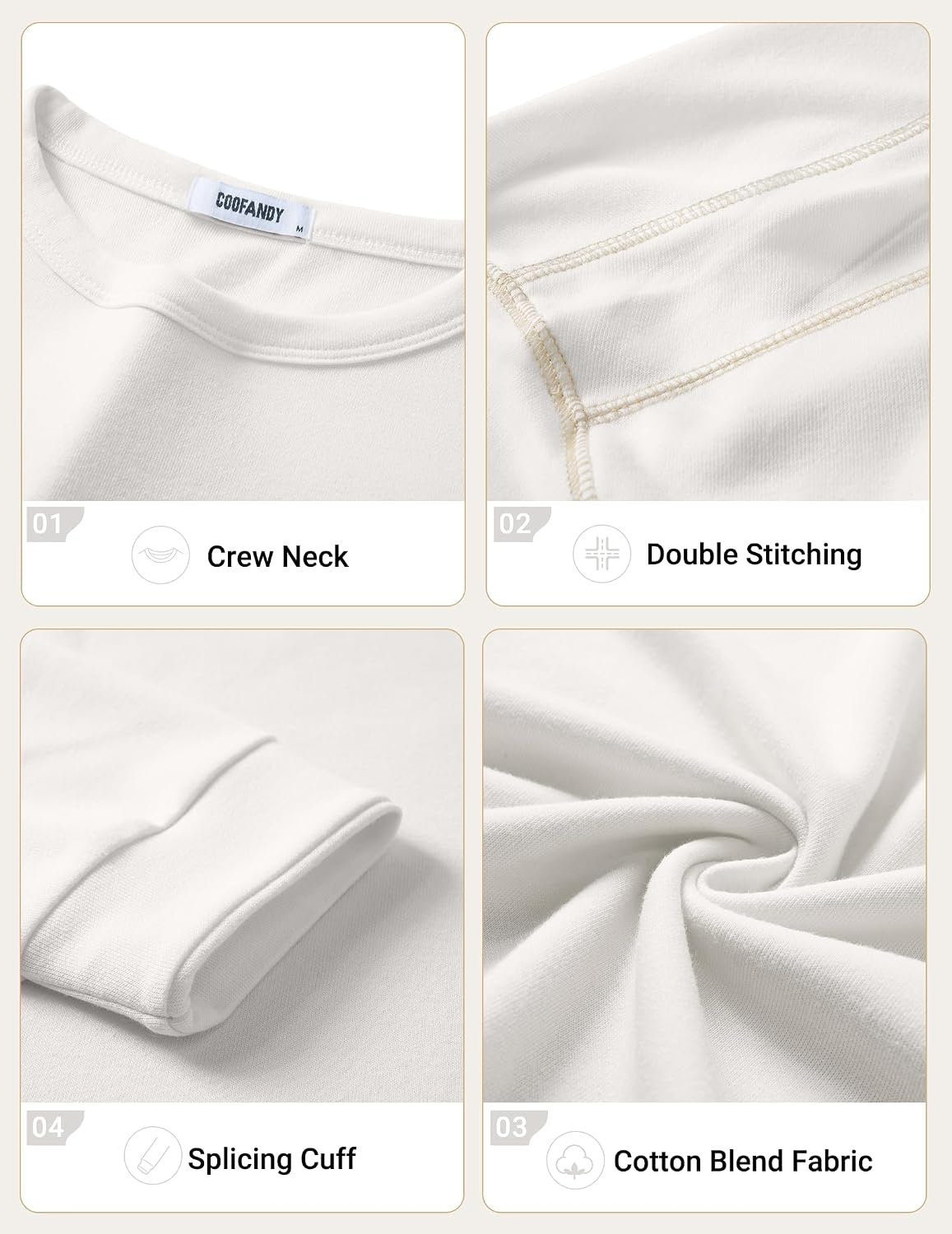 image:imageCOOFANDY Mens Long Sleeve T Shirts Cotton Crew Neck Heavyweight Tee Shirts Color Block Casual Pullover ShirtWhite