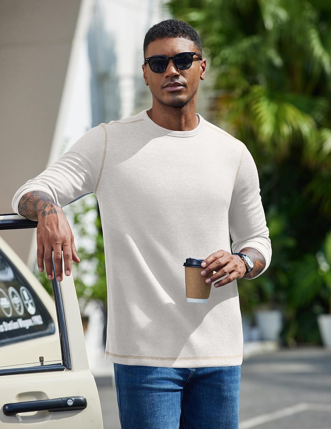 image:imageCOOFANDY Mens Long Sleeve T Shirts Cotton Crew Neck Heavyweight Tee Shirts Color Block Casual Pullover ShirtWhite