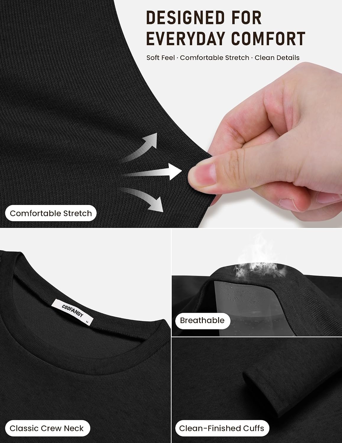 image:imageCOOFANDY Mens Long Sleeve Tee Shirts Knit Crew Neck Shirts Casual PulloverAblack