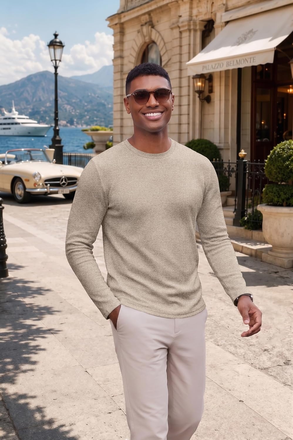 image:imageCOOFANDY Mens Long Sleeve Tee Shirts Knit Crew Neck Shirts Casual PulloverAlight Khaki