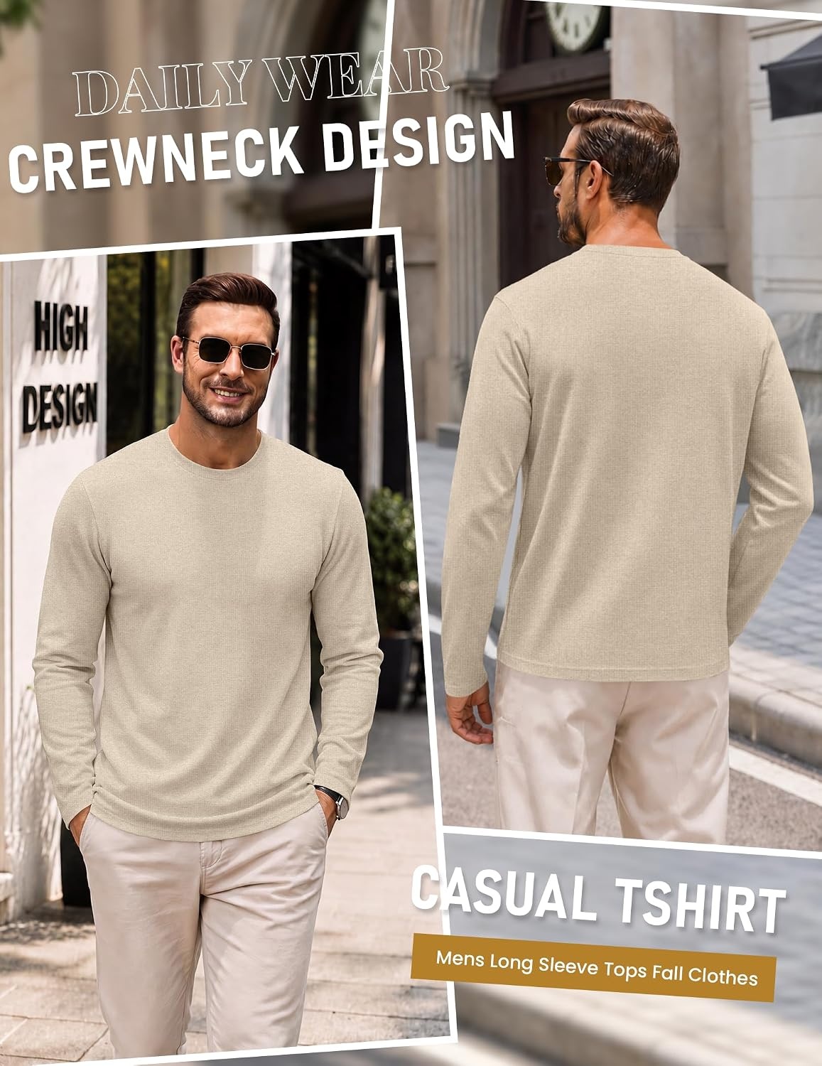 image:imageCOOFANDY Mens Long Sleeve Tee Shirts Knit Crew Neck Shirts Casual PulloverAlight Khaki