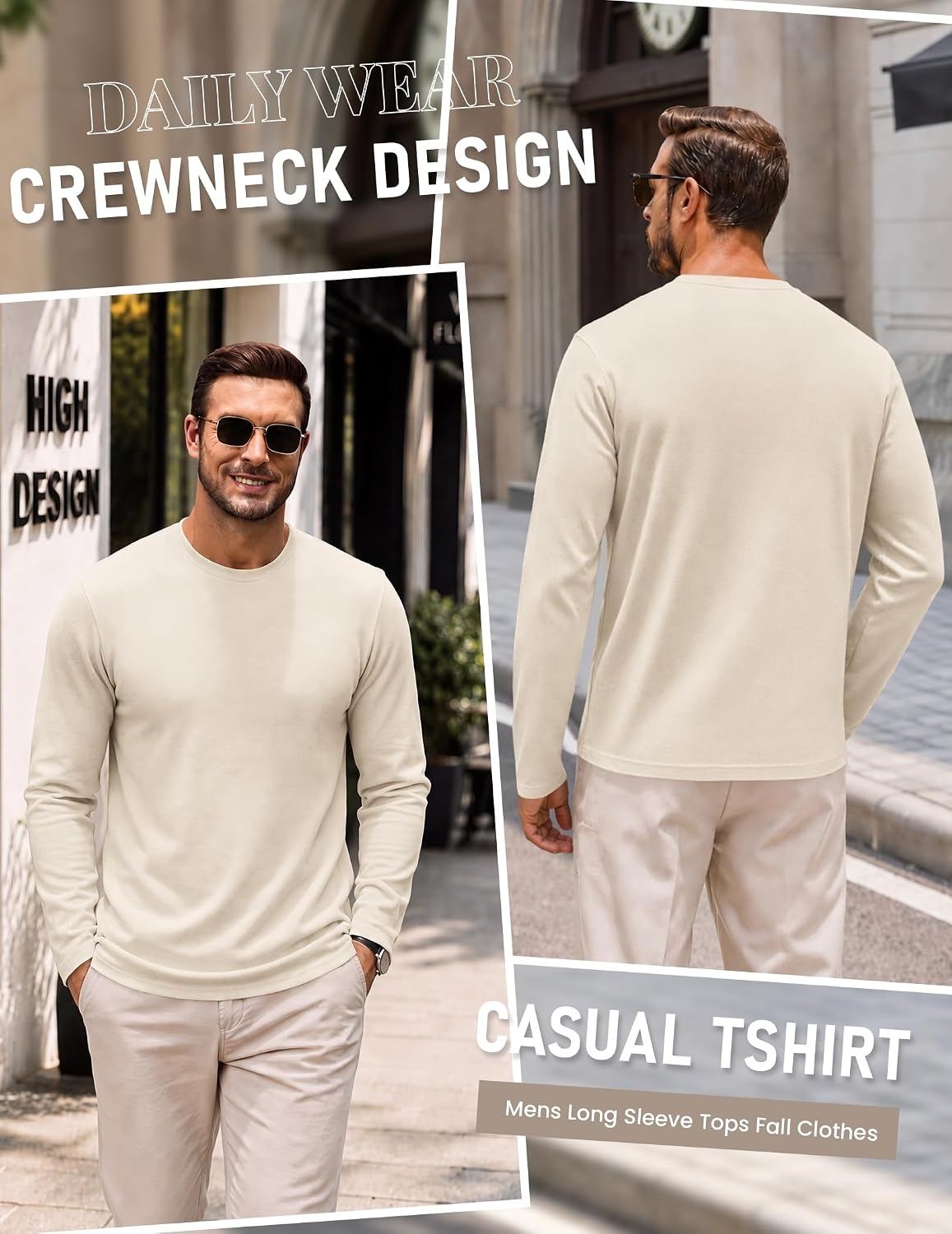 image:imageCOOFANDY Mens Long Sleeve Tee Shirts Knit Crew Neck Shirts Casual PulloverBeige