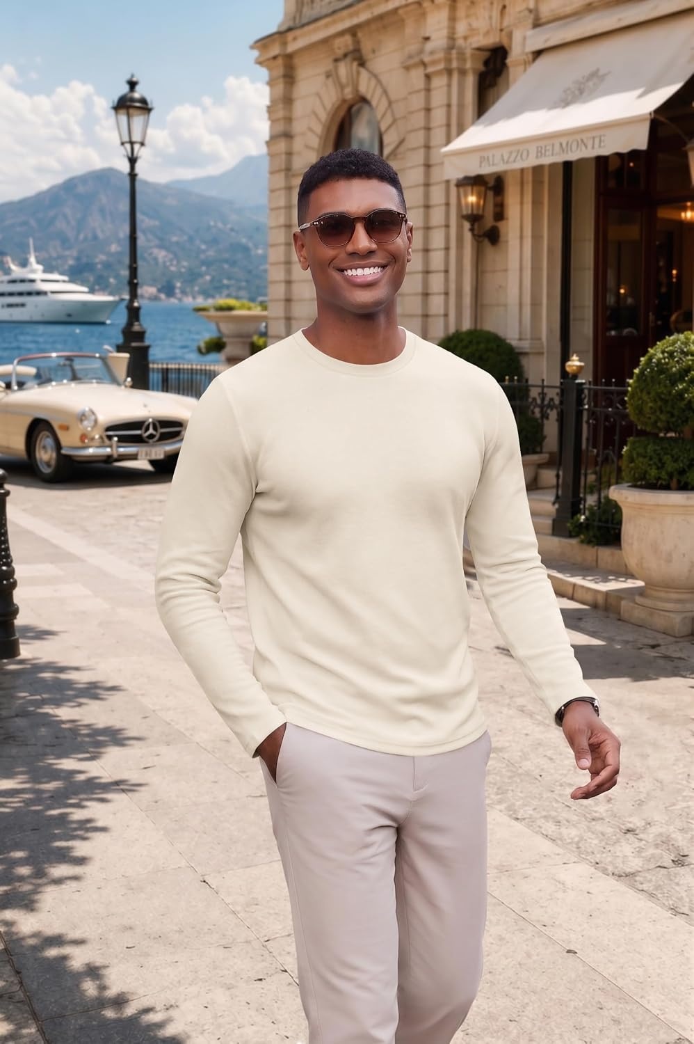 image:imageCOOFANDY Mens Long Sleeve Tee Shirts Knit Crew Neck Shirts Casual PulloverBeige