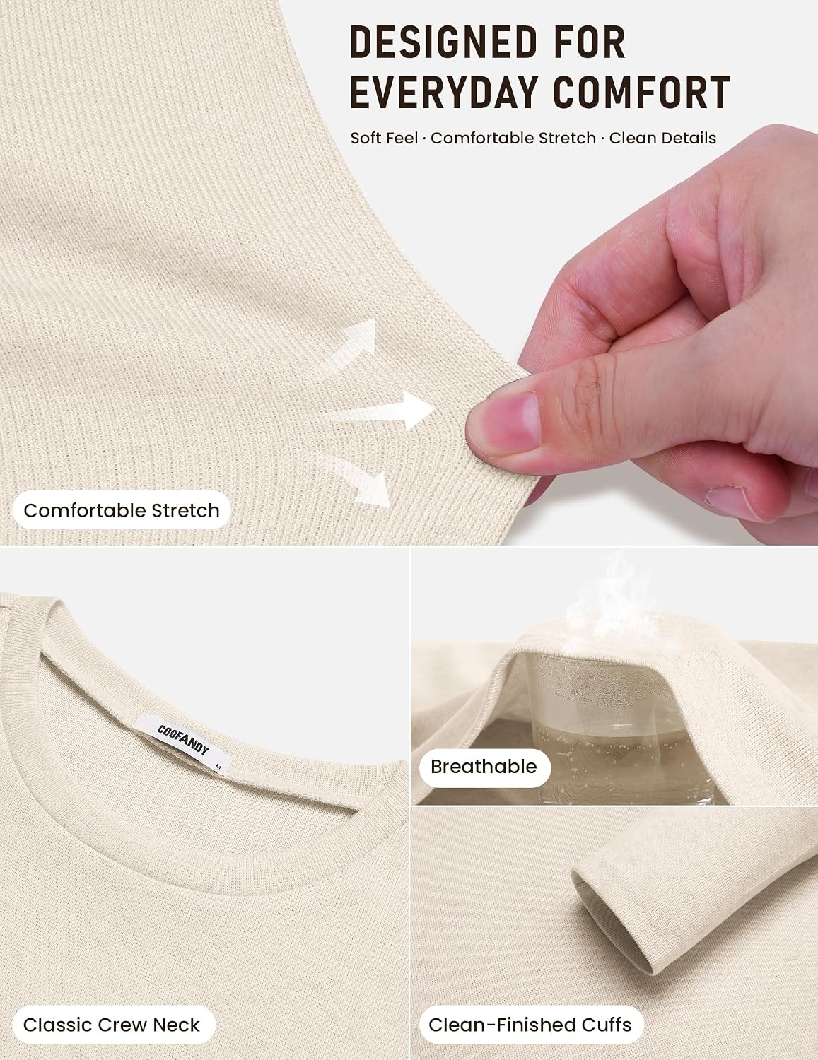 image:imageCOOFANDY Mens Long Sleeve Tee Shirts Knit Crew Neck Shirts Casual PulloverBeige
