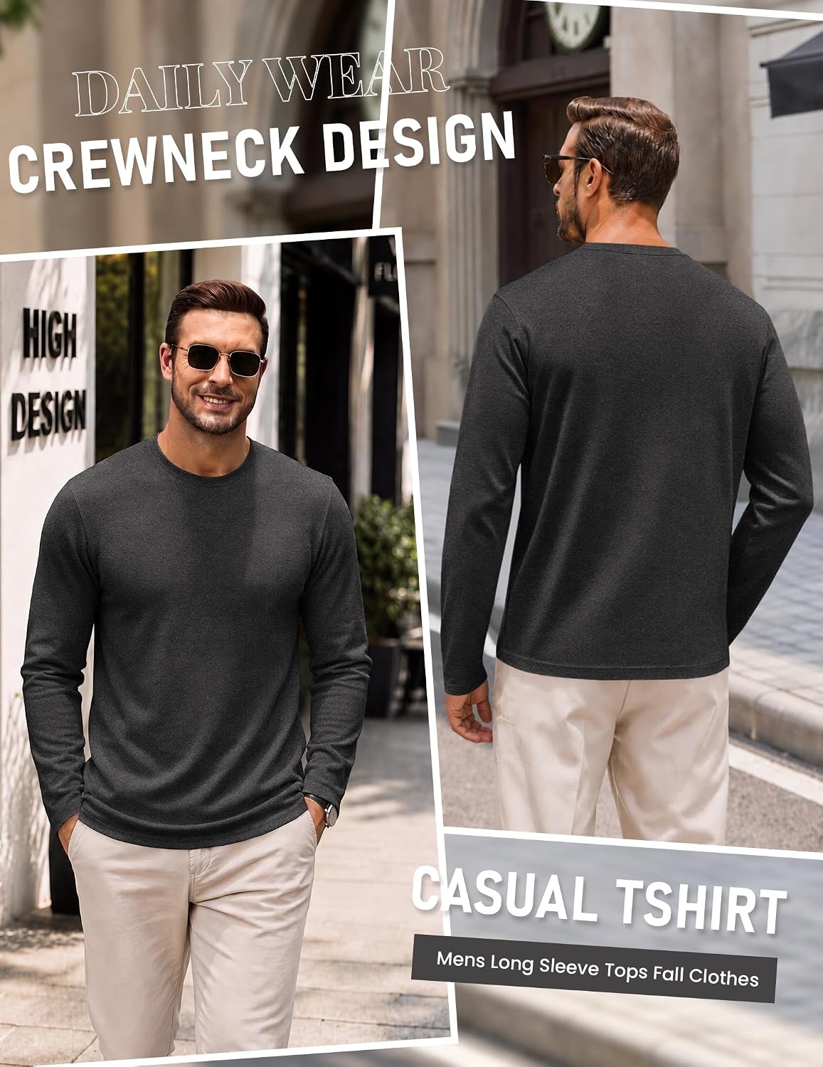 image:imageCOOFANDY Mens Long Sleeve Tee Shirts Knit Crew Neck Shirts Casual PulloverDark Grey