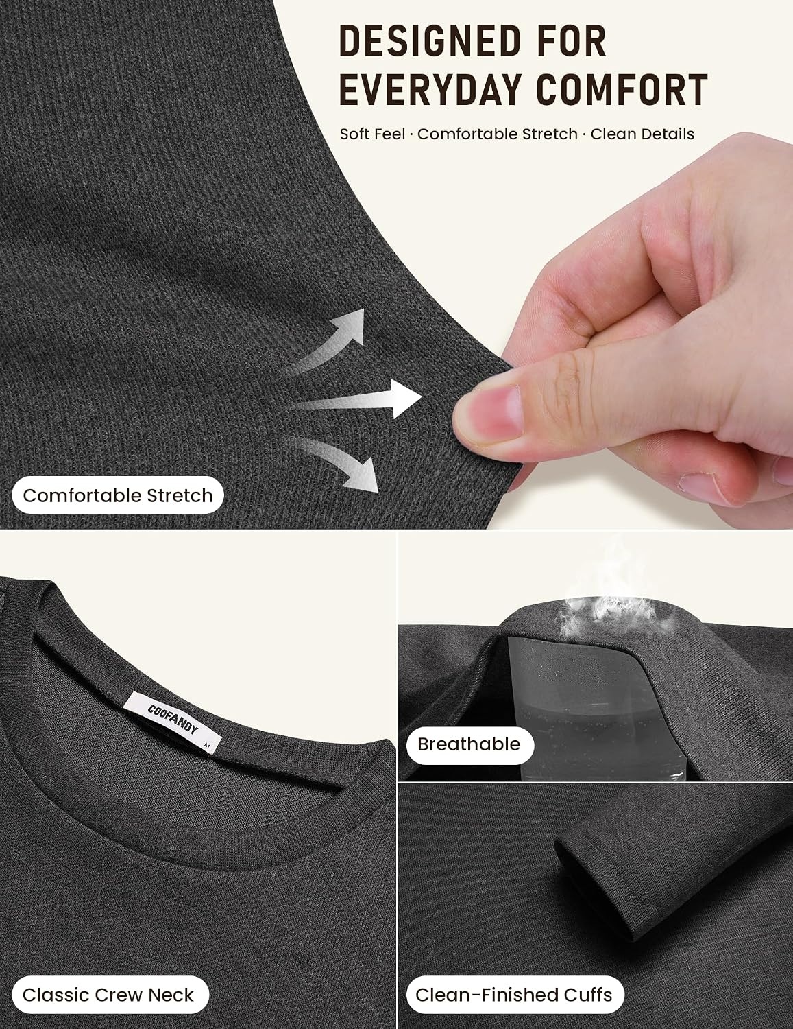 image:imageCOOFANDY Mens Long Sleeve Tee Shirts Knit Crew Neck Shirts Casual PulloverDark Grey