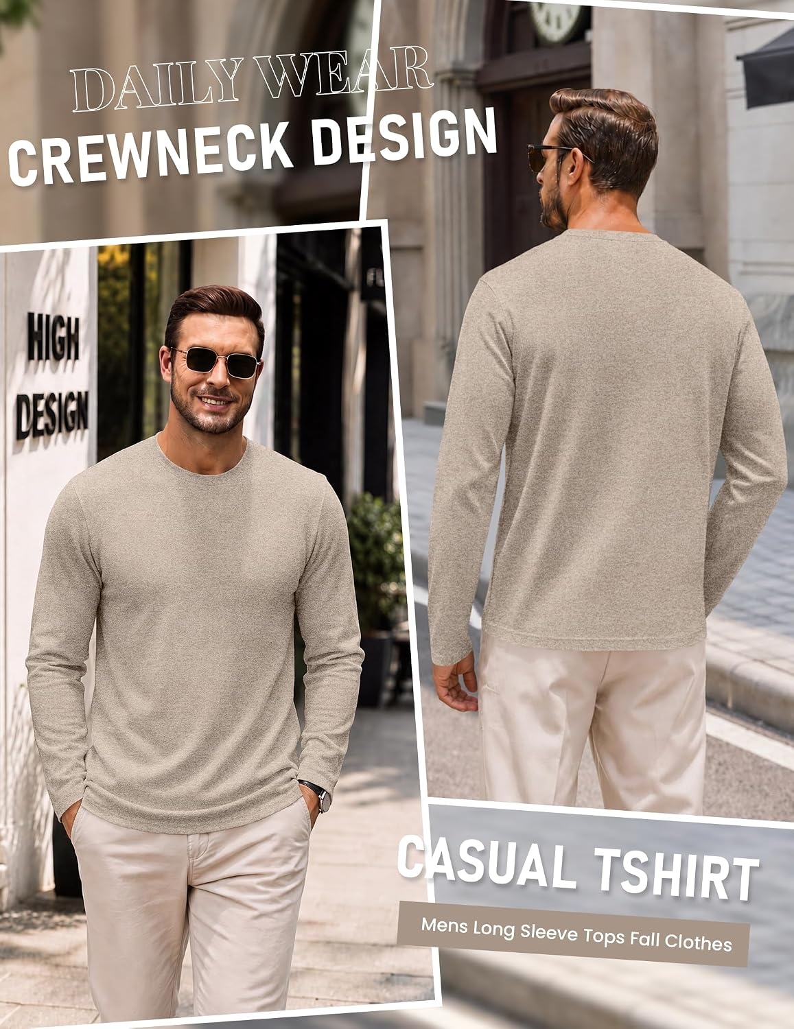 image:imageCOOFANDY Mens Long Sleeve Tee Shirts Knit Crew Neck Shirts Casual PulloverKhaki