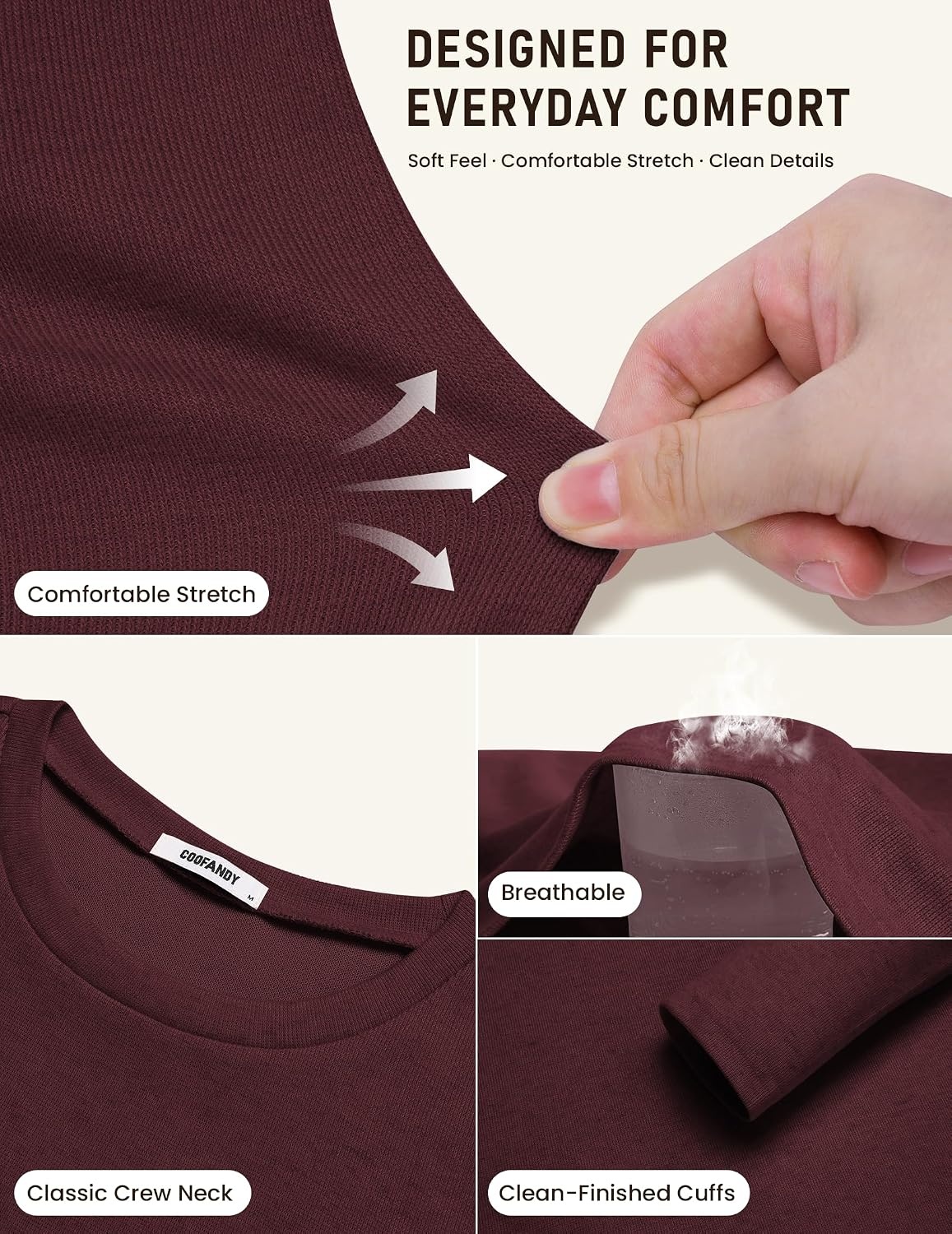 image:imageCOOFANDY Mens Long Sleeve Tee Shirts Knit Crew Neck Shirts Casual PulloverWine Red