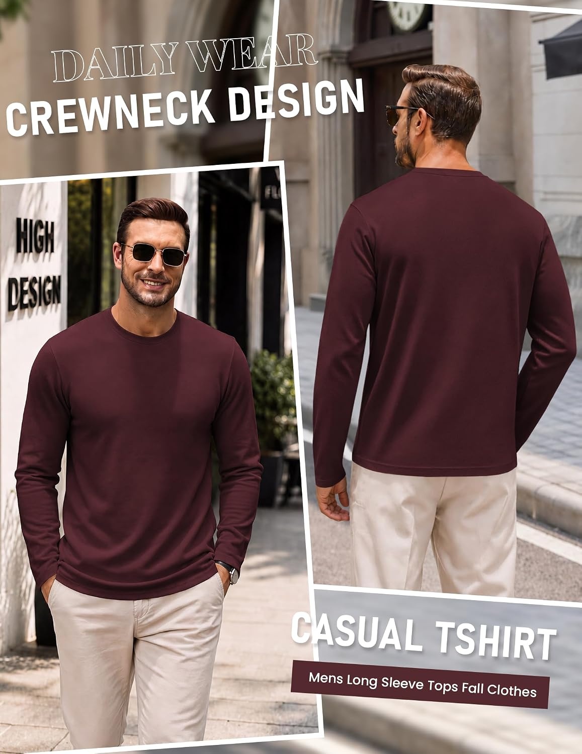 image:imageCOOFANDY Mens Long Sleeve Tee Shirts Knit Crew Neck Shirts Casual PulloverWine Red