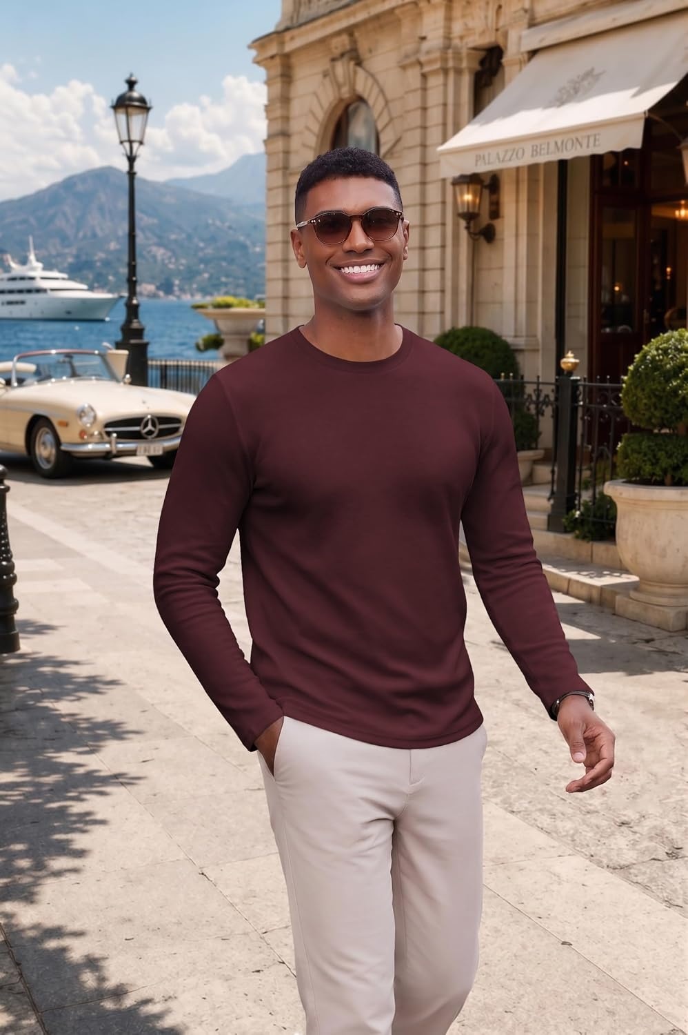 image:imageCOOFANDY Mens Long Sleeve Tee Shirts Knit Crew Neck Shirts Casual PulloverWine Red
