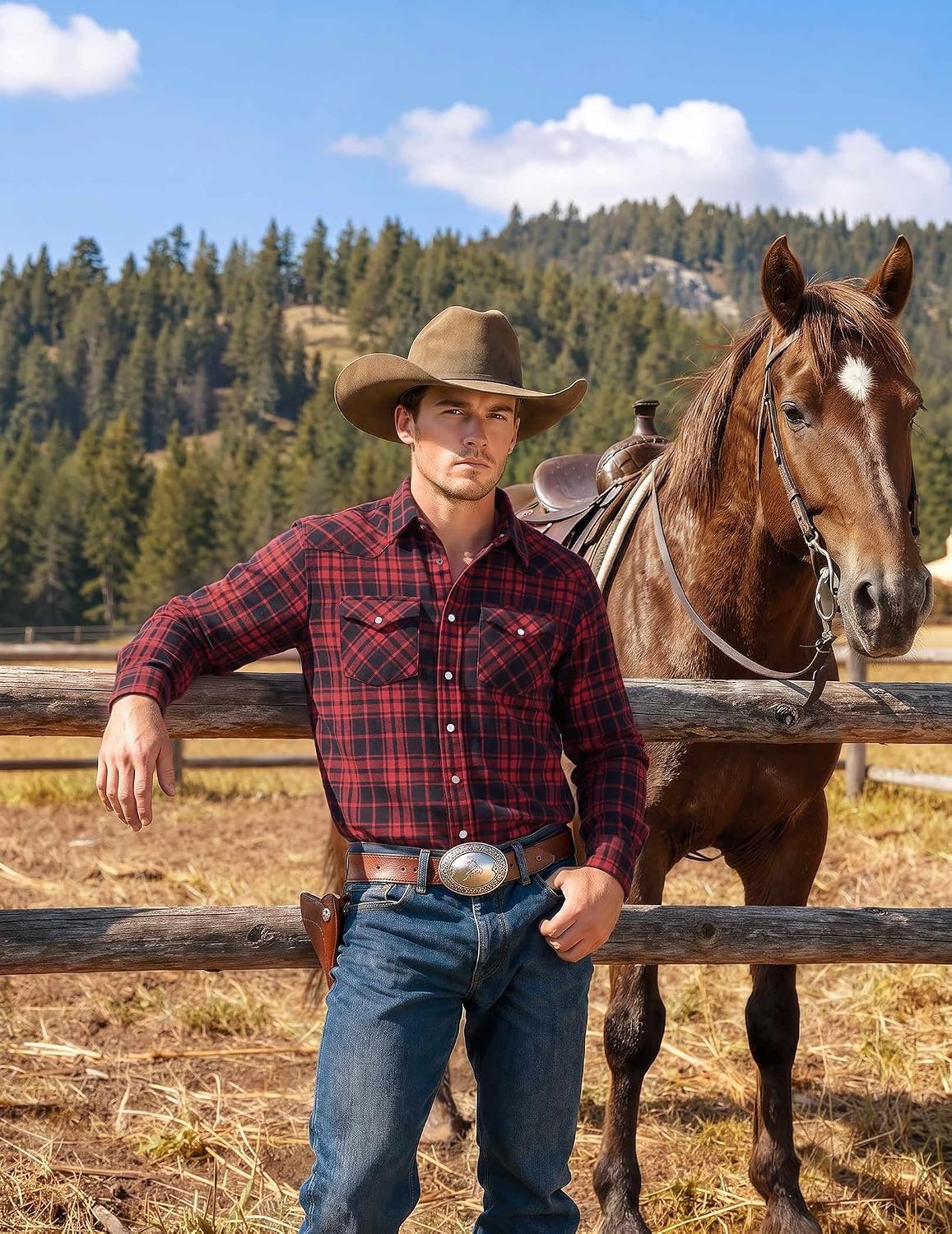 image:imageCOOFANDY Mens Plaid Flannel Shirts Long Sleeve Western Pearl Snap Shirts Fall Button Down Shirt for MenRed