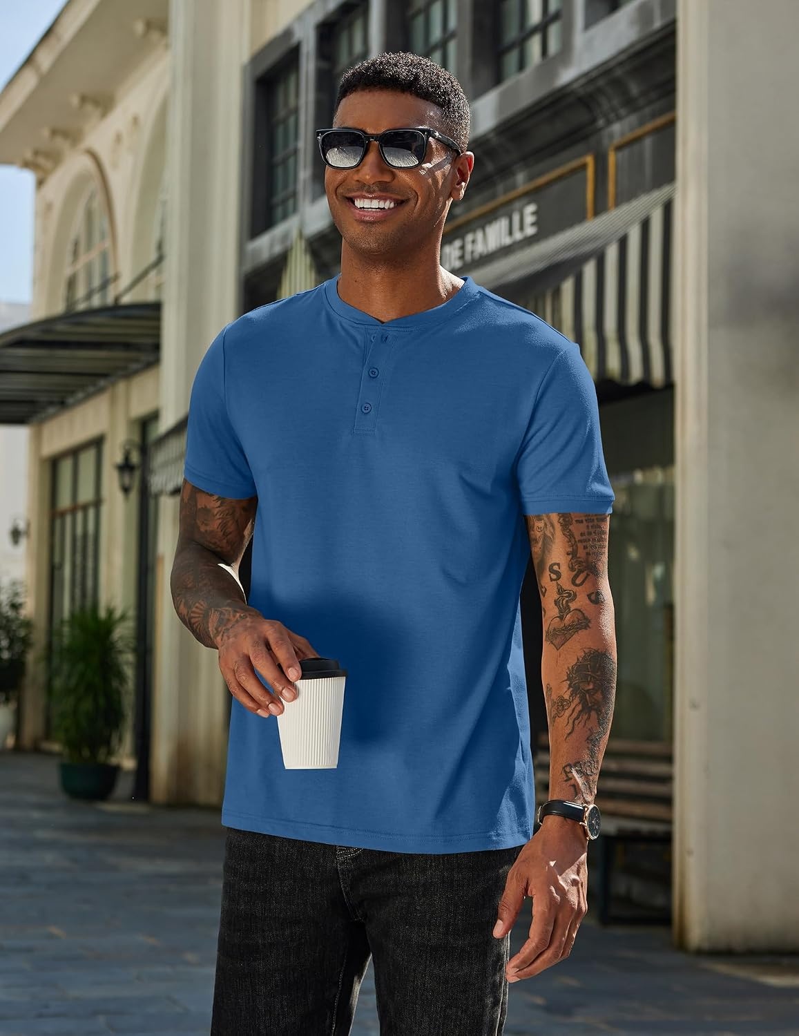 image:imageCOOFANDY Mens T Shirts Henley Shirts Short Sleeve Casual Shirts for MenDenim Blue