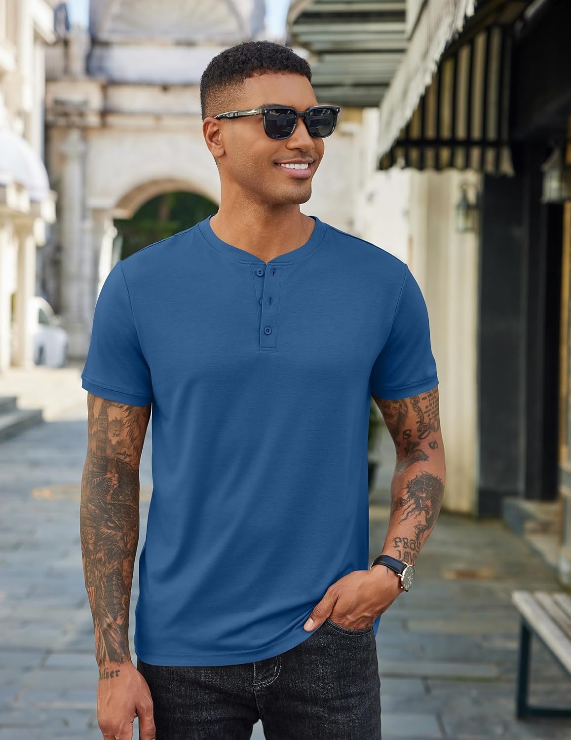 image:imageCOOFANDY Mens T Shirts Henley Shirts Short Sleeve Casual Shirts for MenDenim Blue