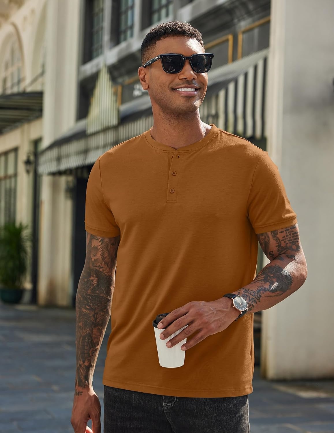 image:imageCOOFANDY Mens T Shirts Henley Shirts Short Sleeve Casual Shirts for MenLight Brown