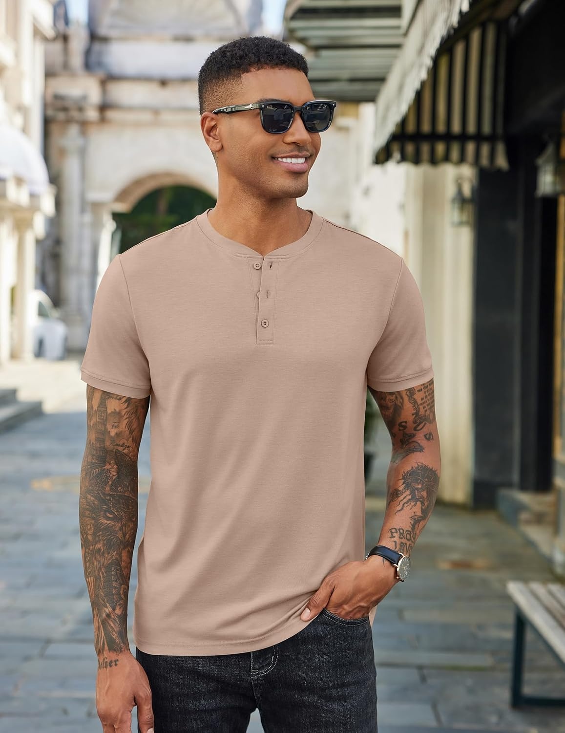 image:imageCOOFANDY Mens T Shirts Henley Shirts Short Sleeve Casual Shirts for MenLight Khaki