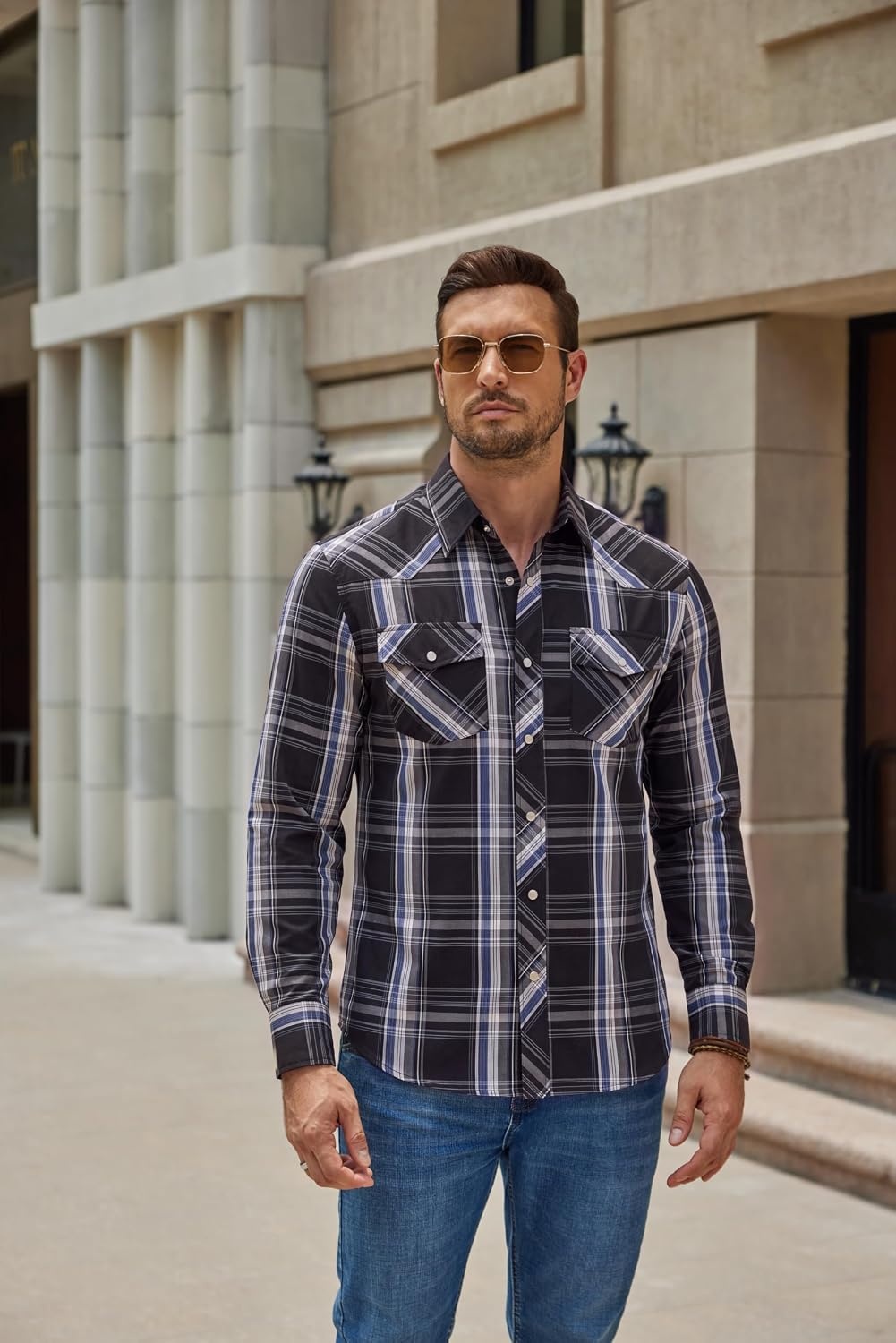 image:imageCOOFANDY Mens Western Cowboy Shirts Casual Button Down Shirt Long SleeveDark Blue Plaid