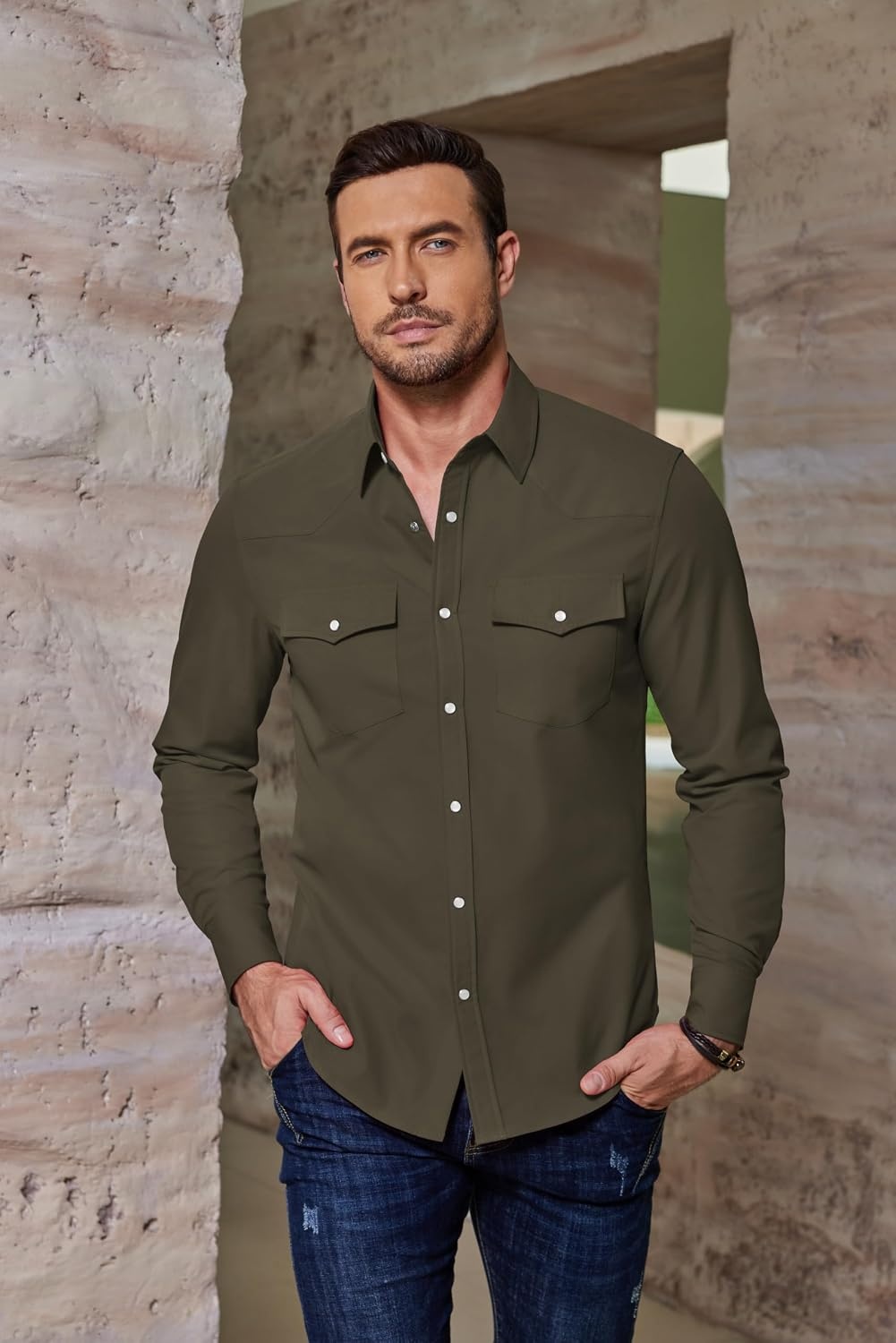 image:imageCOOFANDY Mens Western Cowboy Shirts Casual Button Down Shirt Long SleeveDark Green
