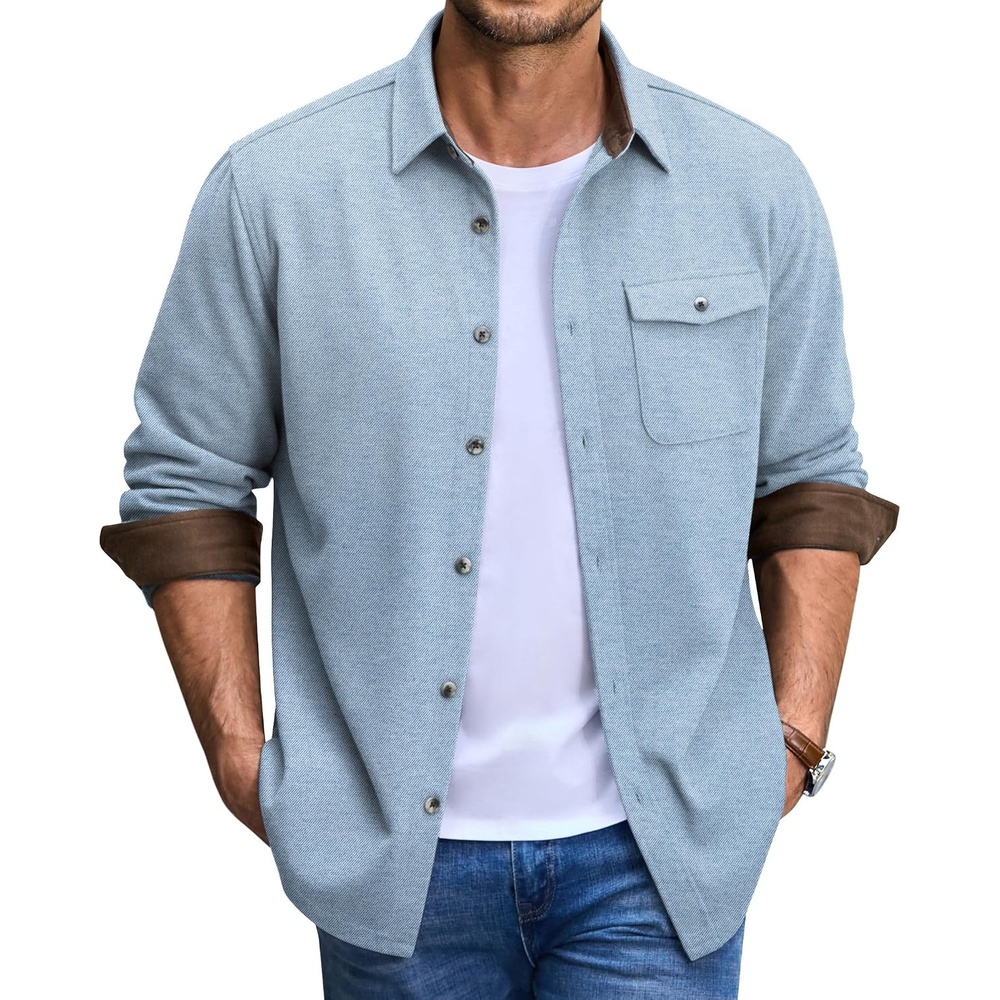image:imageCOOFANDY Mens Button Down Shirt Jacket Long Sleeve Flannel ShirtsLight Blue Heather