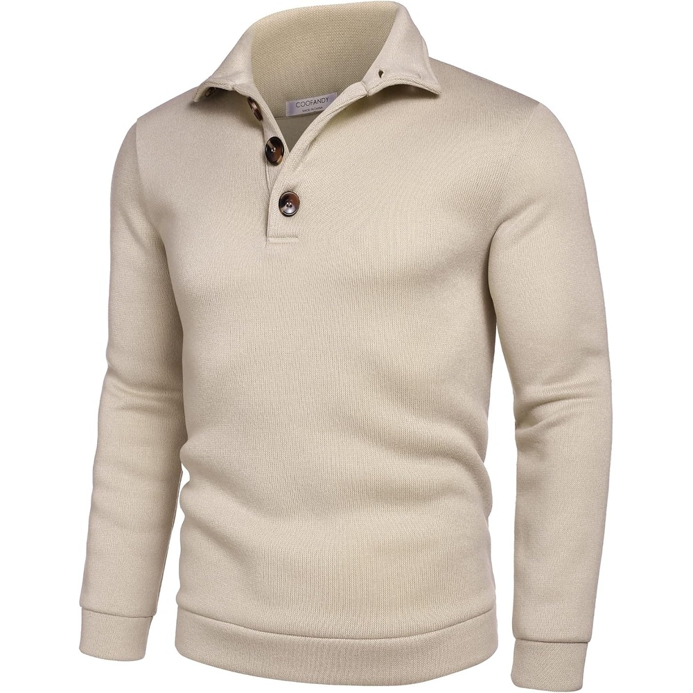 image:imageCOOFANDY Mens Casual Pullover Sweater Quarter Button Fleece Sweatshirt Knitted Thermal SweatersApricot
