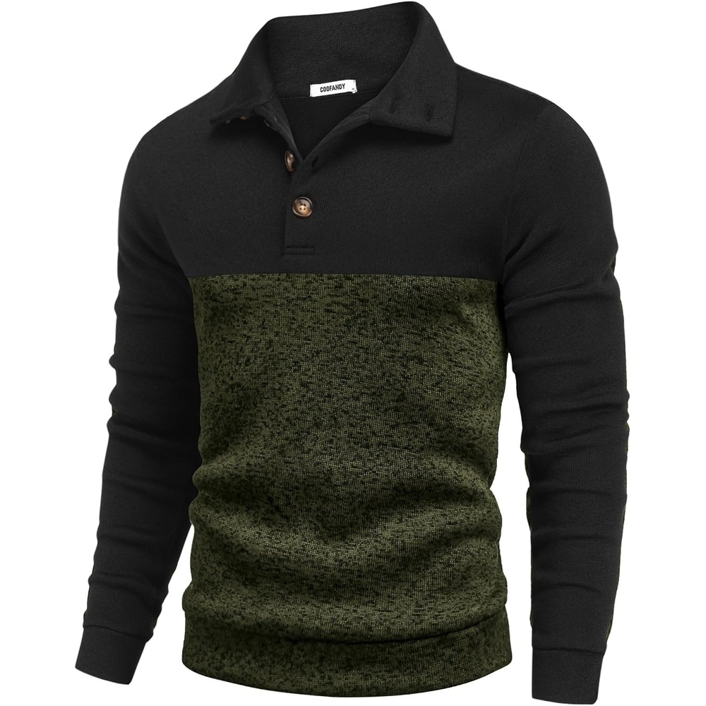 image:imageCOOFANDY Mens Casual Pullover Sweater Quarter Button Fleece Sweatshirt Knitted Thermal SweatersBlack Patchwork Army Green