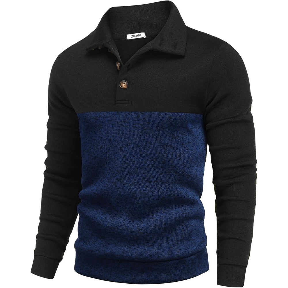 image:imageCOOFANDY Mens Casual Pullover Sweater Quarter Button Fleece Sweatshirt Knitted Thermal SweatersBlack Patchwork Navy Blue