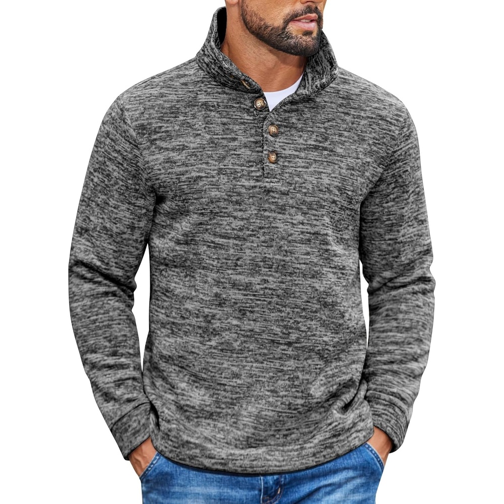 image:imageCOOFANDY Mens Casual Pullover Sweater Quarter Button Fleece Sweatshirt Knitted Thermal SweatersBlack and White