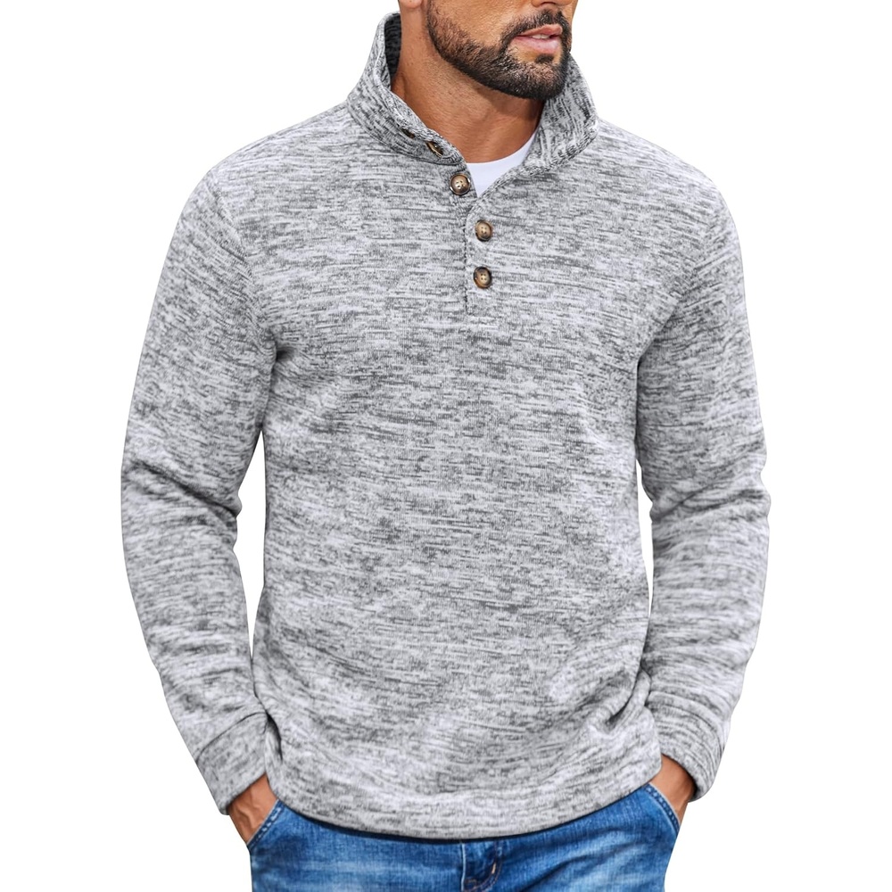 image:imageCOOFANDY Mens Casual Pullover Sweater Quarter Button Fleece Sweatshirt Knitted Thermal SweatersGrey