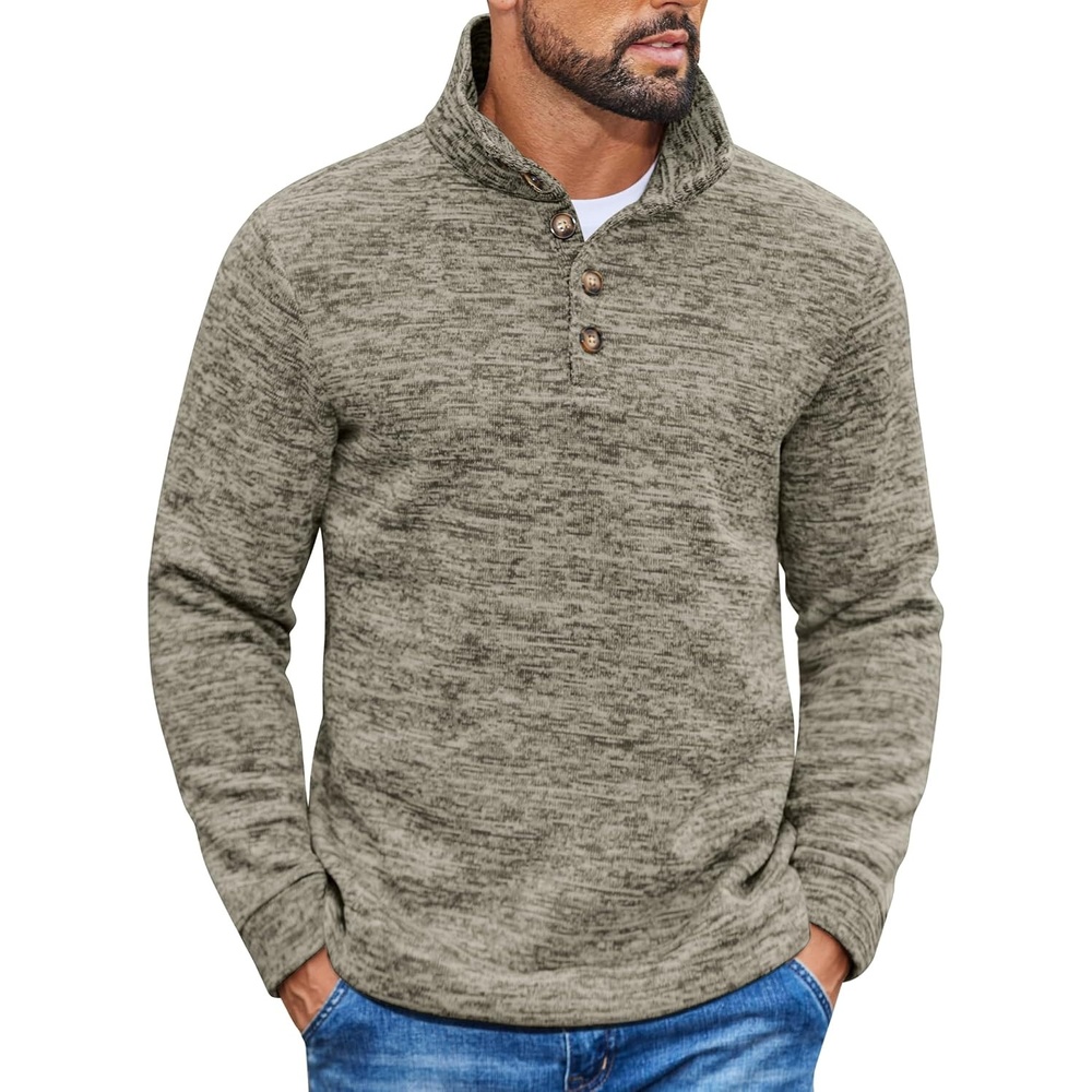 image:imageCOOFANDY Mens Casual Pullover Sweater Quarter Button Fleece Sweatshirt Knitted Thermal SweatersKhaki