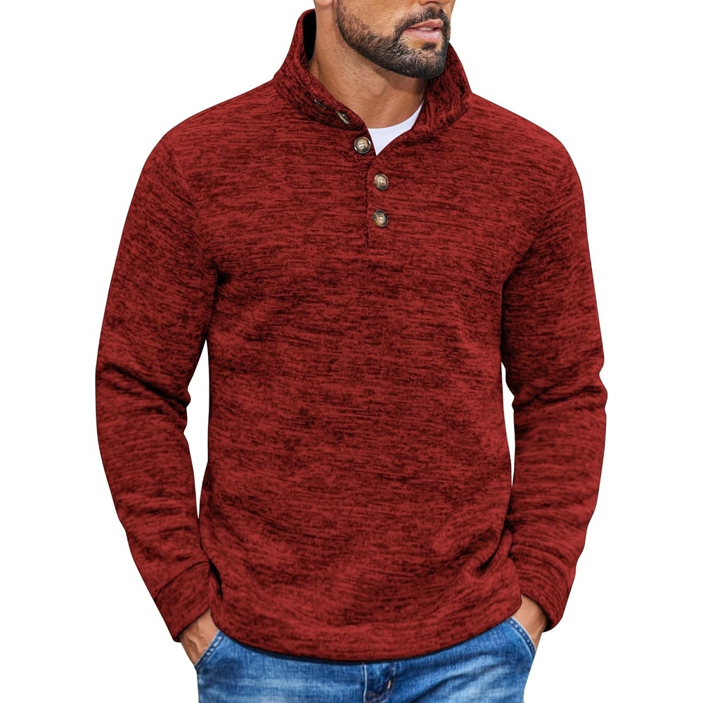 image:imageCOOFANDY Mens Casual Pullover Sweater Quarter Button Fleece Sweatshirt Knitted Thermal SweatersWine Red