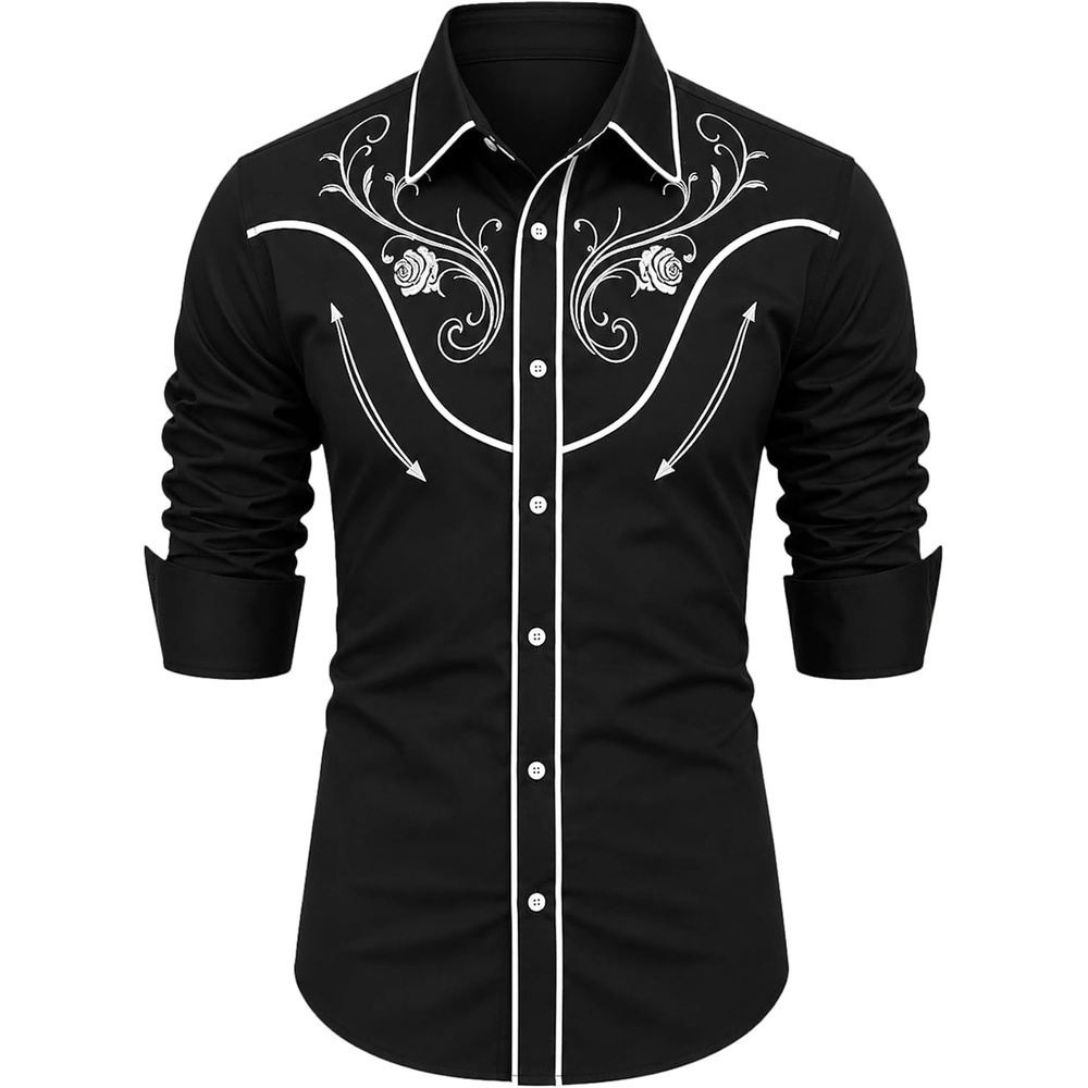 image:imageCOOFANDY Mens Cowboy Shirtss Embroidered Rose Design Shirts Western Long Sleeve Button Down ShirtsBlack White Rose