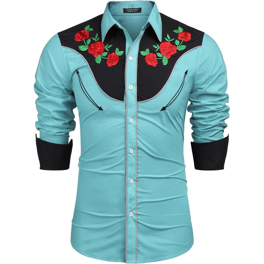image:imageCOOFANDY Mens Cowboy Shirtss Embroidered Rose Design Shirts Western Long Sleeve Button Down ShirtsBlue Retro Rose