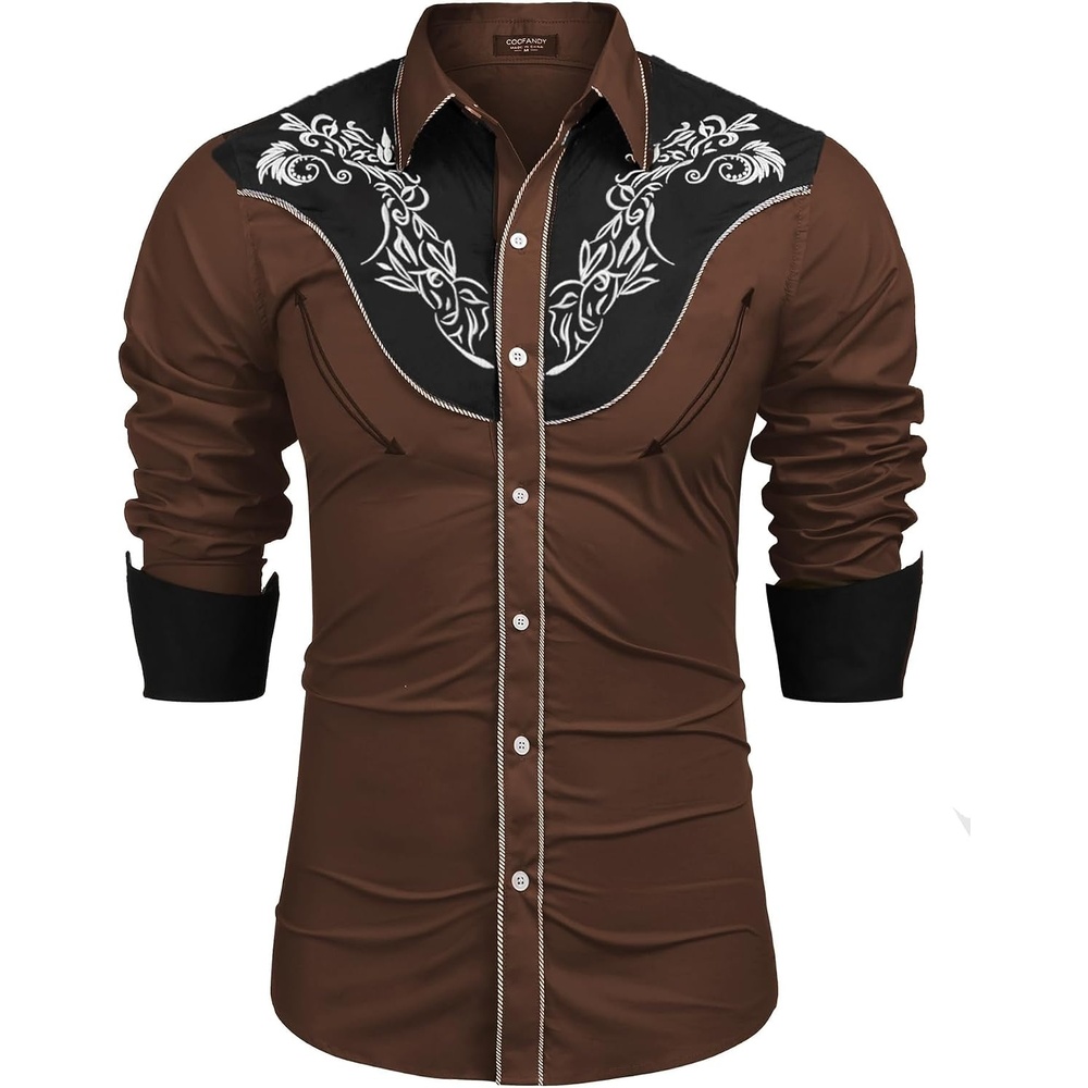 image:imageCOOFANDY Mens Cowboy Shirtss Embroidered Rose Design Shirts Western Long Sleeve Button Down ShirtsBrown