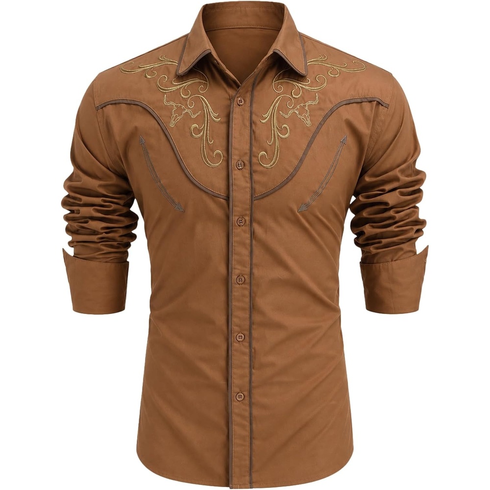 image:imageCOOFANDY Mens Cowboy Shirtss Embroidered Rose Design Shirts Western Long Sleeve Button Down ShirtsLight Brown