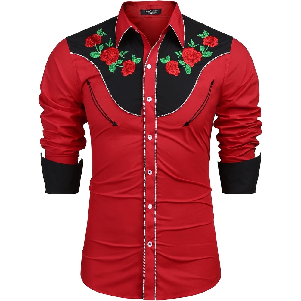 image:imageCOOFANDY Mens Cowboy Shirtss Embroidered Rose Design Shirts Western Long Sleeve Button Down ShirtsRed Retro Rose