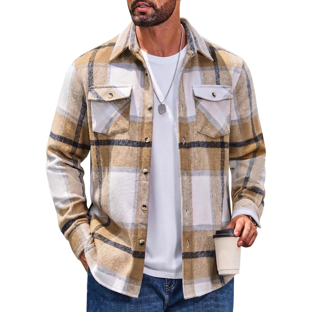 image:imageCOOFANDY Mens Flannel Shirt Jacket Long Sleeve Plaid Shacket with PocketsLight Khaki