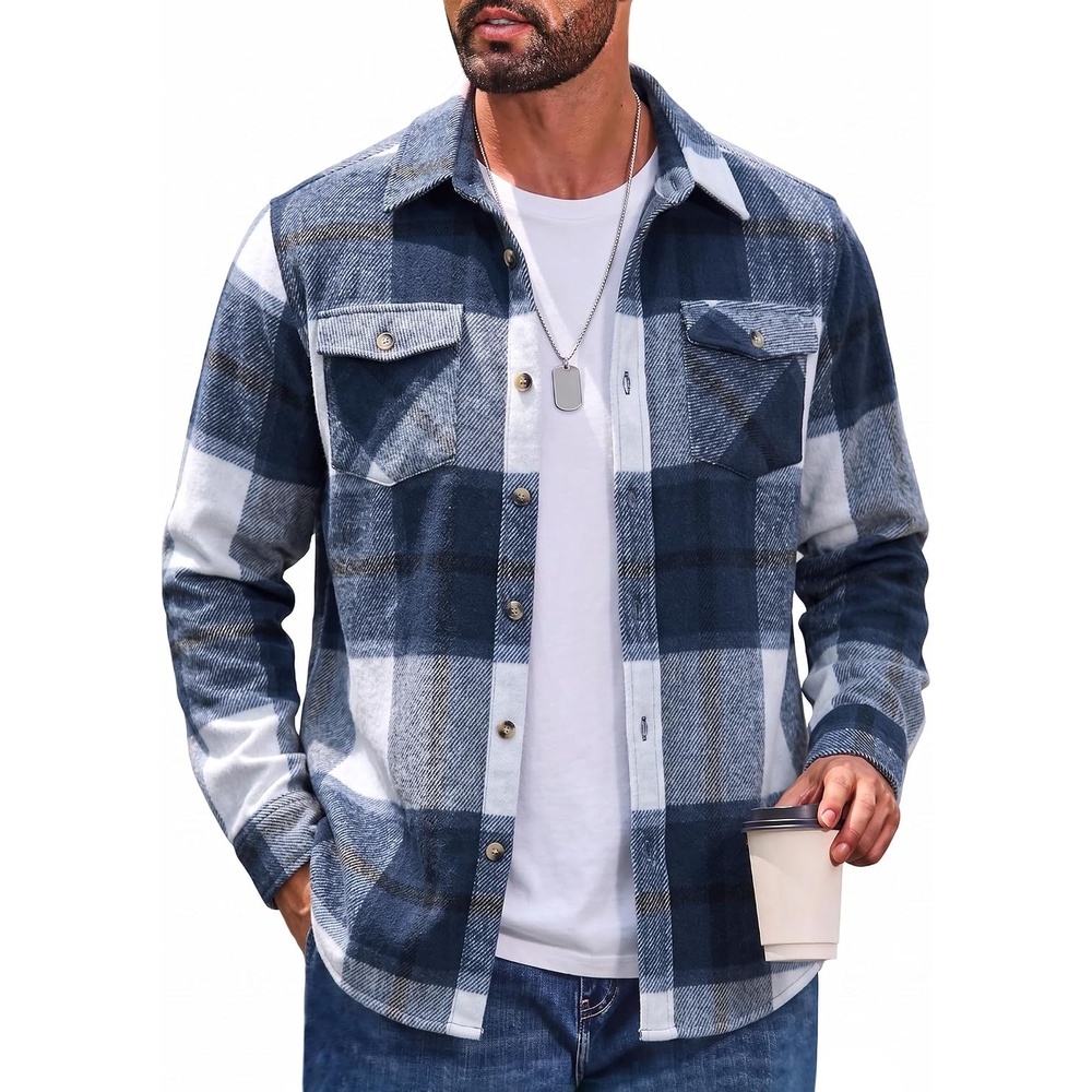 image:imageCOOFANDY Mens Flannel Shirt Jacket Long Sleeve Plaid Shacket with PocketsNavy Blue