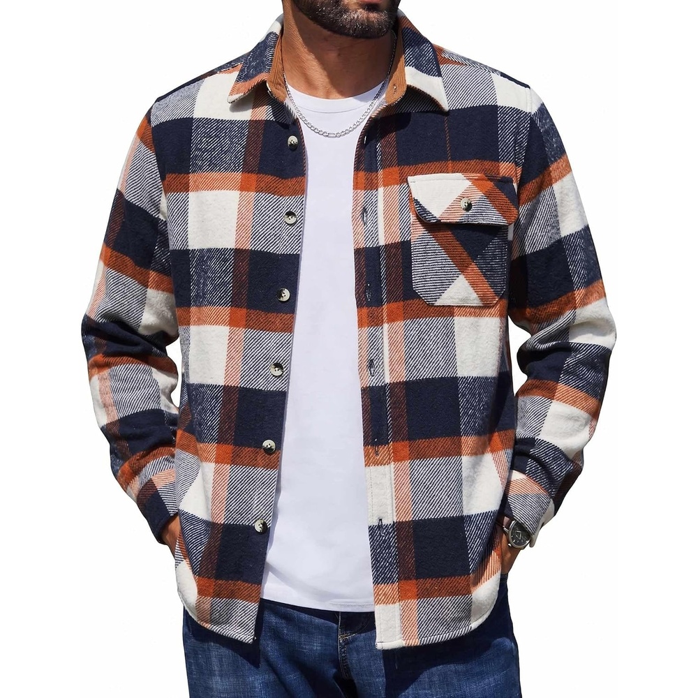 image:imageCOOFANDY Mens Flannel Shirts Long Sleeve Plaid Button Down Shirt JacketBeige Orange
