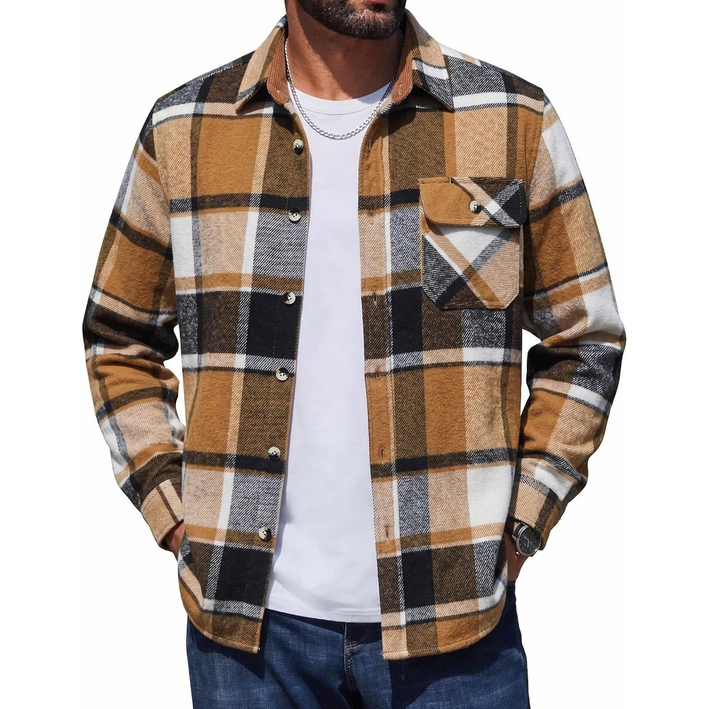 image:imageCOOFANDY Mens Flannel Shirts Long Sleeve Plaid Button Down Shirt JacketKhaki