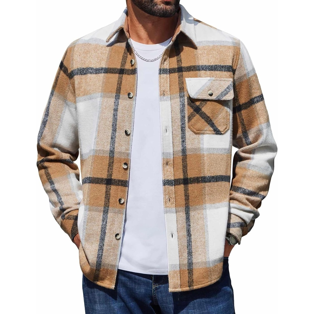 image:imageCOOFANDY Mens Flannel Shirts Long Sleeve Plaid Button Down Shirt JacketLight Khaki