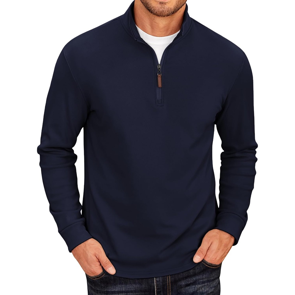 image:imageCOOFANDY Mens Fleece Quarter Zip Pullover Long Sleeve Mock Neck SweatshirtSolid Deep Blue