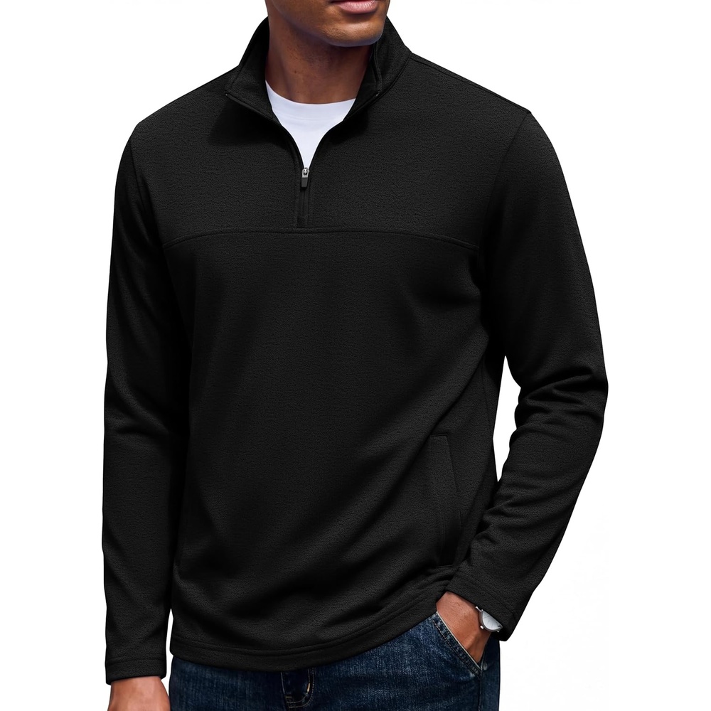 image:imageCOOFANDY Mens Fleece Quarter Zip Pullover Long Sleeve Thermal SweatshirtAll Black